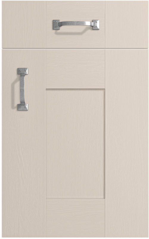 Cartmel Cashmere cabinet door and drawer front. Both have a silver handle.