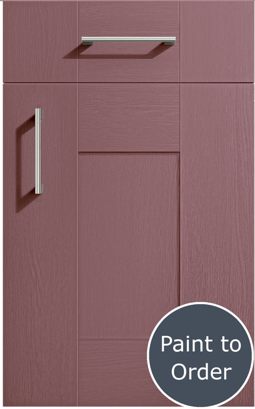 Cartmel Dusky Pink cabinet door and drawer front. Both have a silver handle. Labelled 'Paint to Order'.