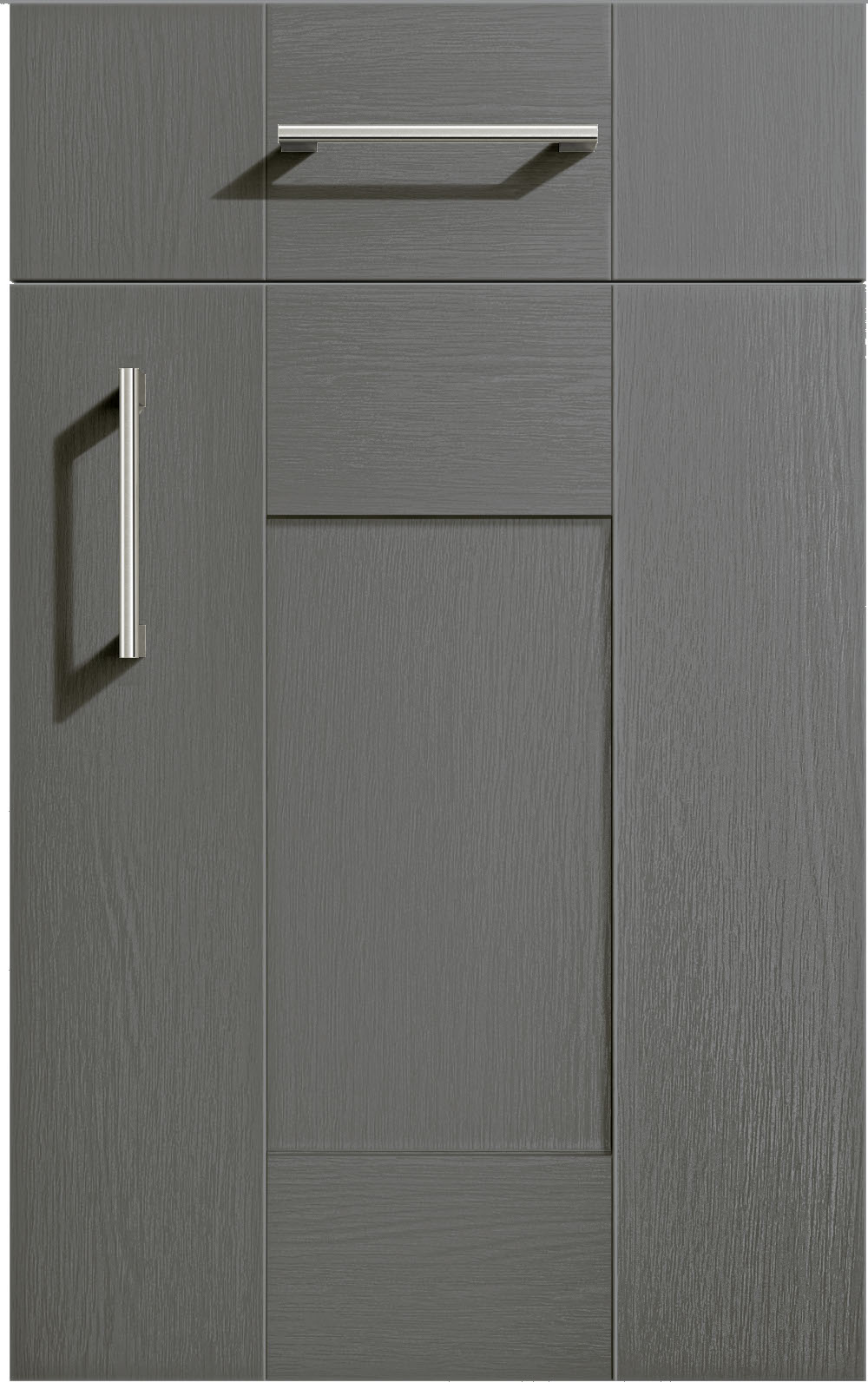 Cartmel Dust Grey cabinet door and drawer front. Both have a silver handle. Labelled 'Paint to Order'.