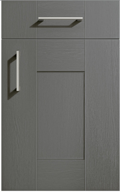 Cartmel Dust Grey cabinet door and drawer front. Both have a silver handle. Labelled 'Paint to Order'.