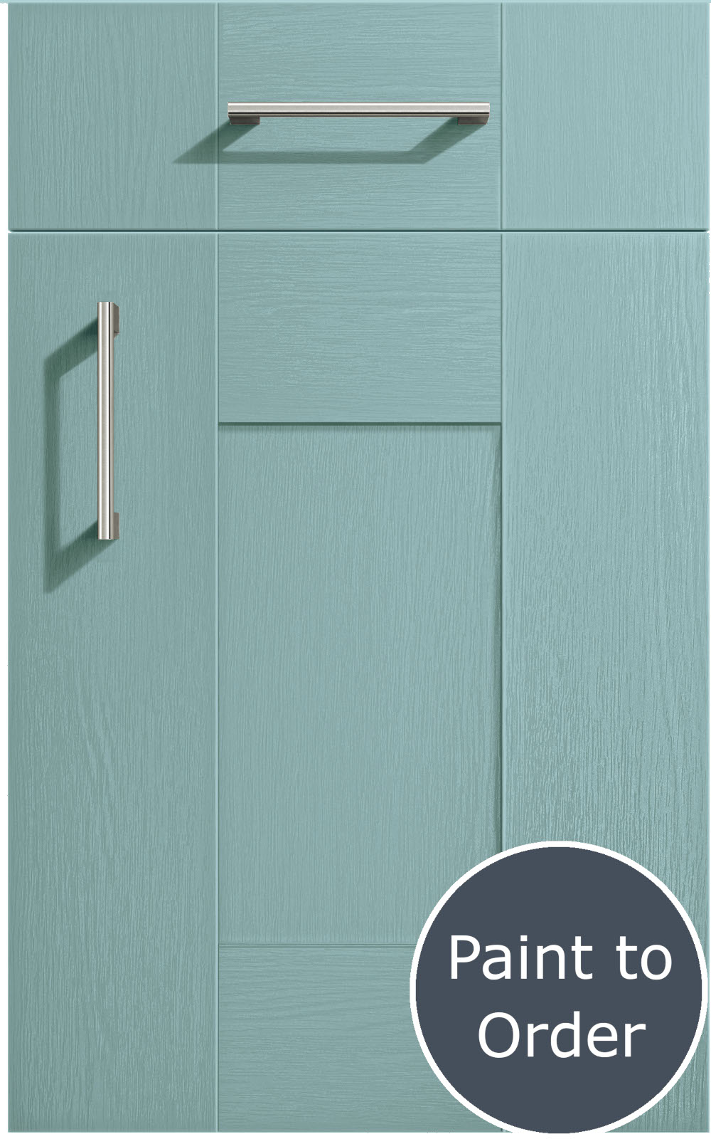 Cartmel Fjord cabinet door and drawer front. Both have a silver handle. Labelled 'Paint to Order'.