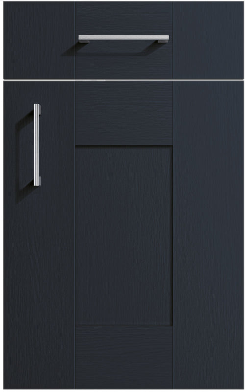 Cartmel Indigo cabinet door and drawer front. Both have a silver handle.