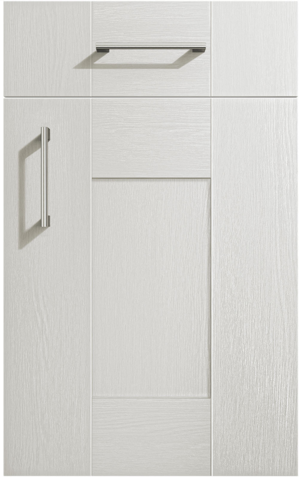 Cartmel Light Grey cabinet door and drawer front. Both have a silver handle.