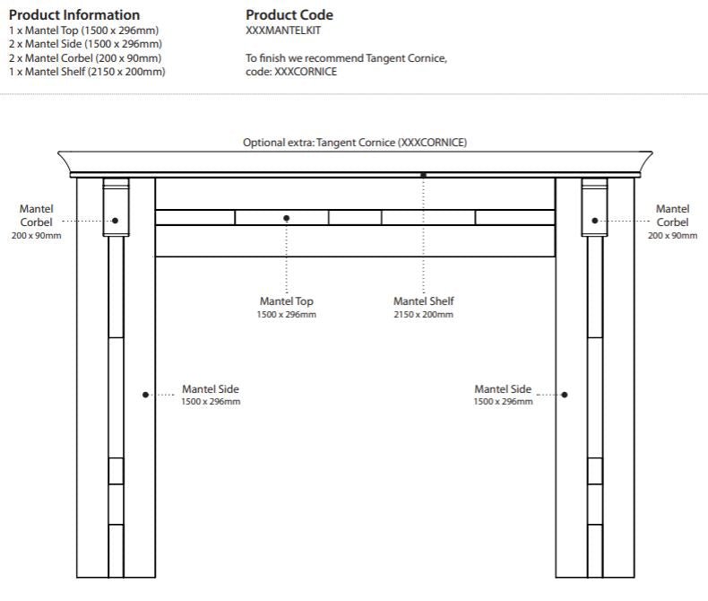 Technical drawing of a Cartmel mantel kit with dimensions and product codes.