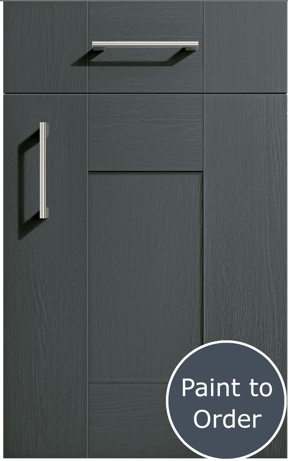 Cartmel Onyx Grey cabinet door and drawer front. Both have a silver handle. Labelled 'Paint to Order'.