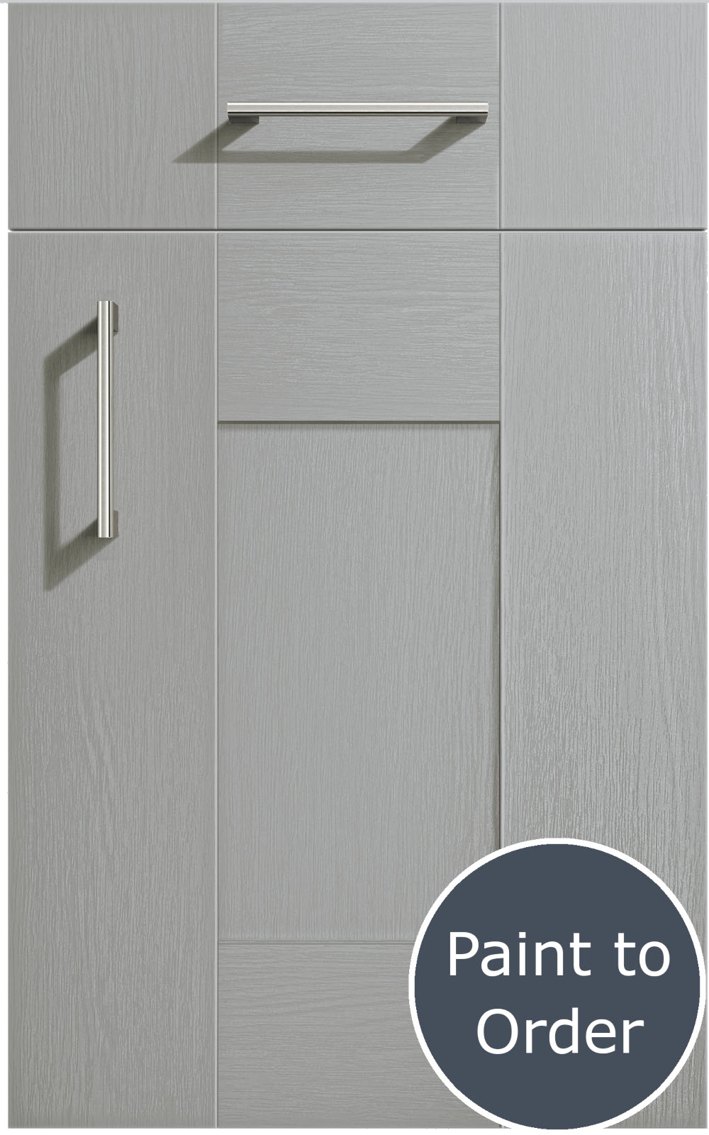 Cartmel Silver Grey cabinet door and drawer front. Both have a silver handle. Labelled 'Paint to Order'.