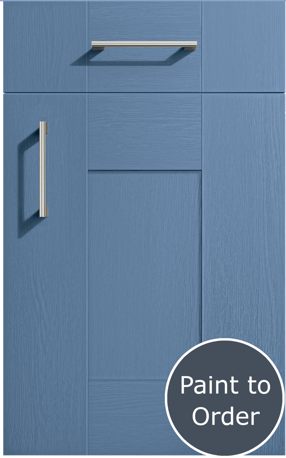 Cartmel Smoke Blue cabinet door and drawer front. Both have a silver handle. Labelled 'Paint to Order'.