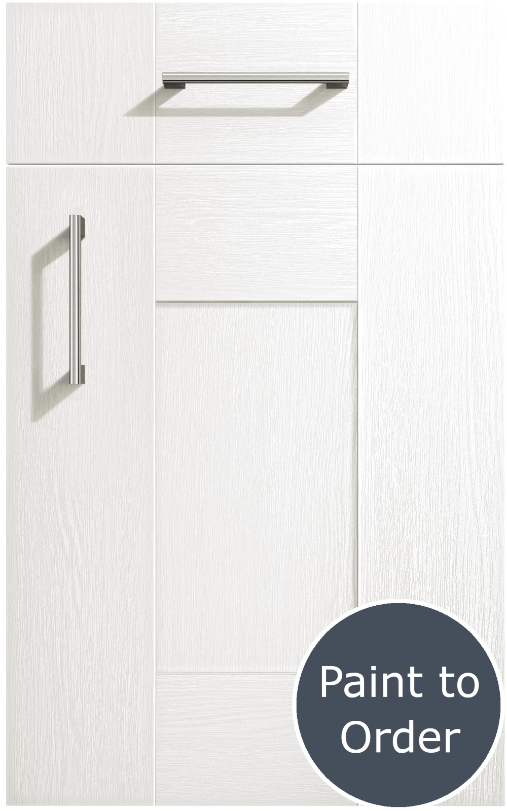 Cartmel Super White cabinet door and drawer front. Both have a silver handle. Labelled 'Paint to Order'.