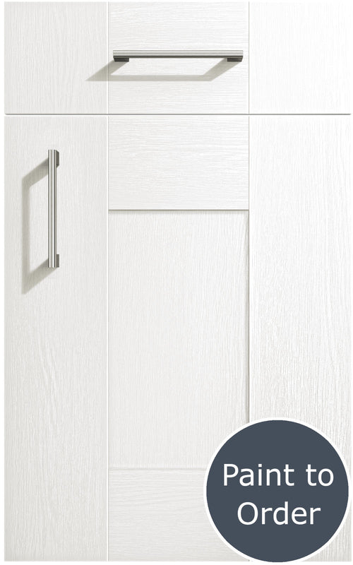 Cartmel Super White cabinet door and drawer front. Both have a silver handle. Labelled 'Paint to Order'.