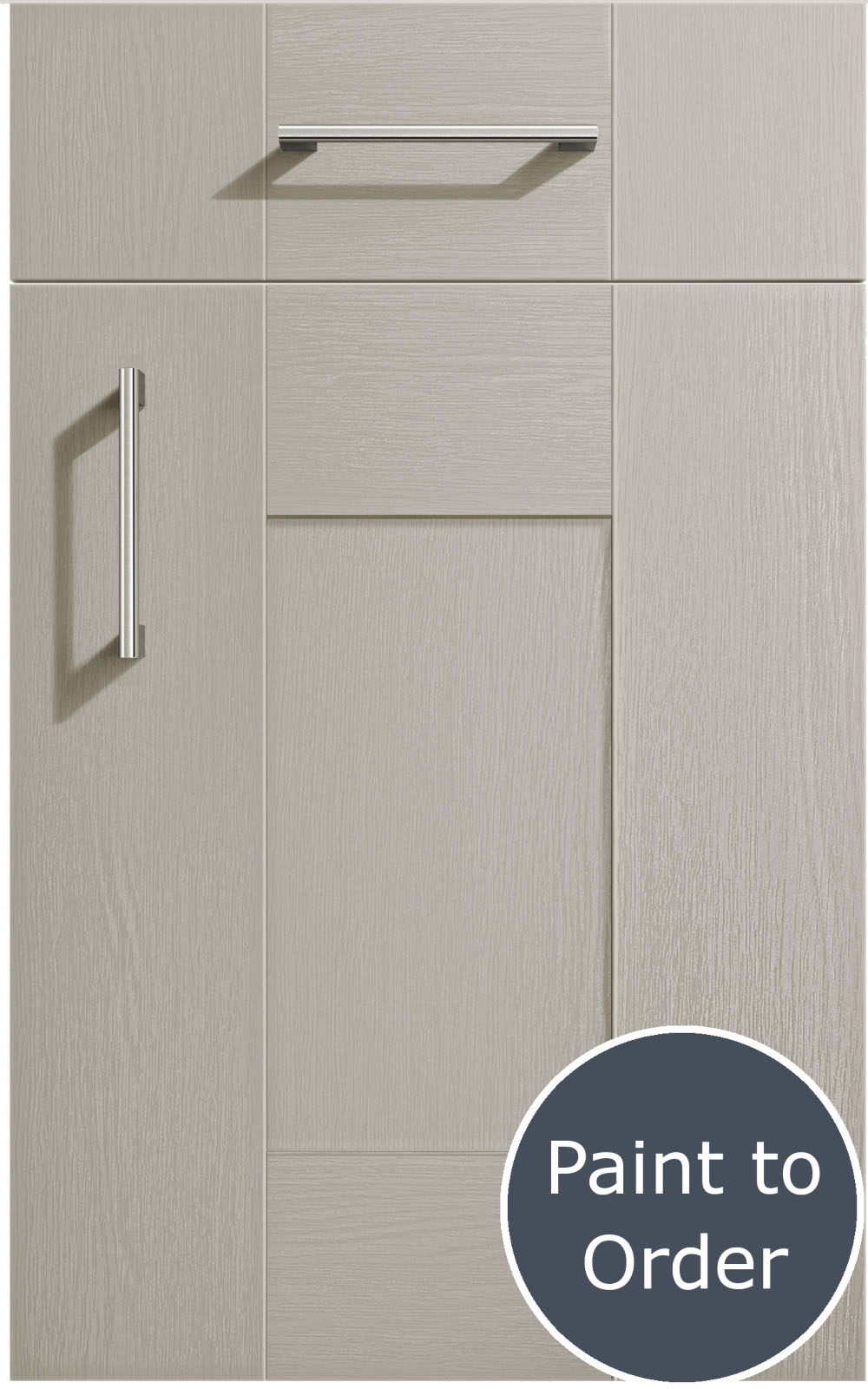 Cartmel Taupe Grey cabinet door and drawer front. Both have a silver handle. Labelled 'Paint to Order'.