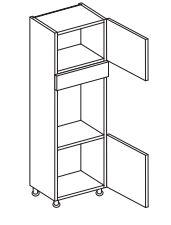 Technical drawing of a white double oven housing unit with adjustable legs and two doors.