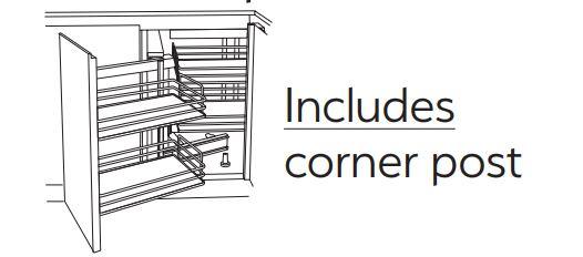 Diagram of a dynamic corner cabinet with pull-out shelves , labelled 'Includes corner post'.