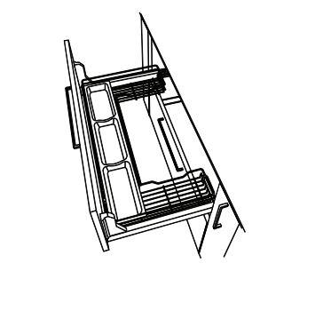 Line drawing of an undersink pull-out drawer with a clear view of its contents.