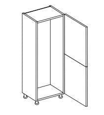 Technical drawing of a white fridge/freezer unit.