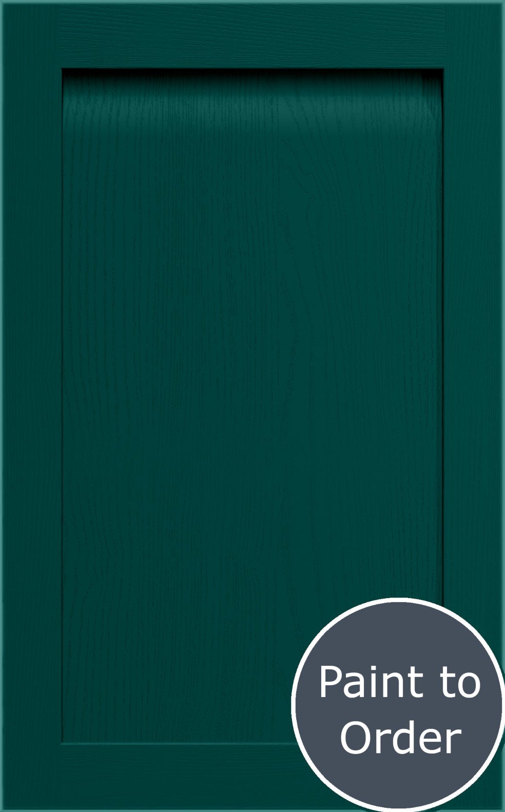 Grantham Amazon Green cabinet door with 'Paint to Order' label.