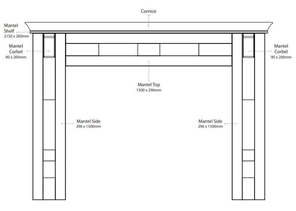 Line drawing of a Cambridge Mantel Kit, including dimensions.
