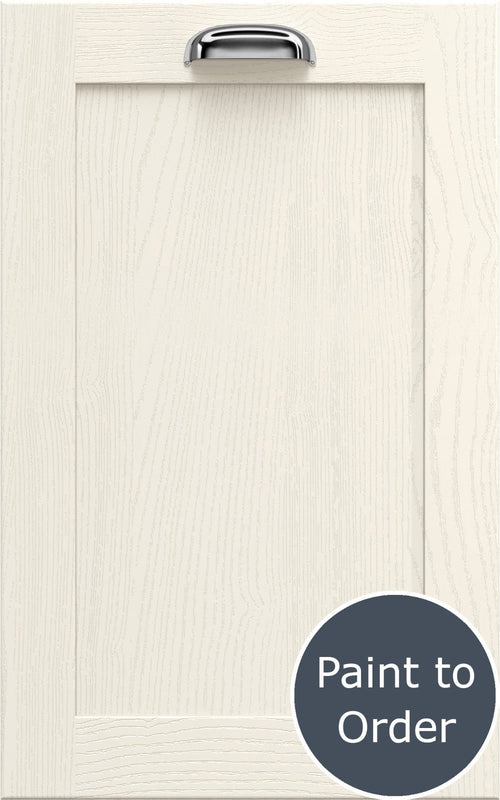 Newmarket Chalkstone cabinet door with a silver handle and 'Paint to Order' label.