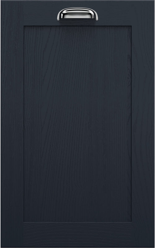 A Newmarket 5 piece slim frame shaker door with a flat centre panel in indigo colour, solid ash frame, and painted covering material. Silver handle on the top.