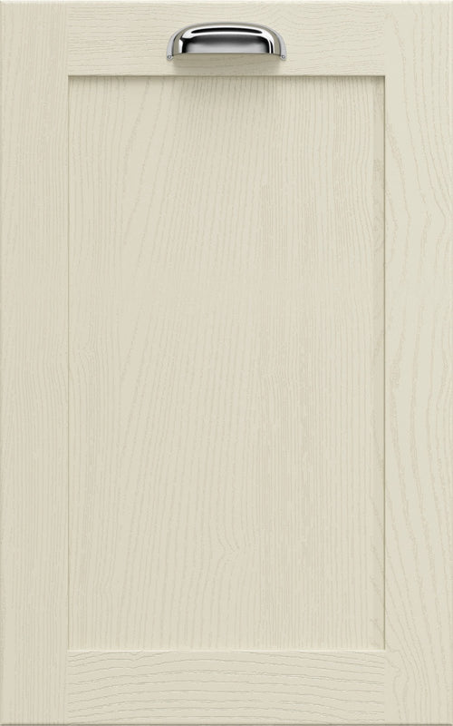 A Newmarket 5 piece slim frame shaker door with a flat centre panel in ivory colour, solid ash frame, and painted covering material. Silver handle on the top.