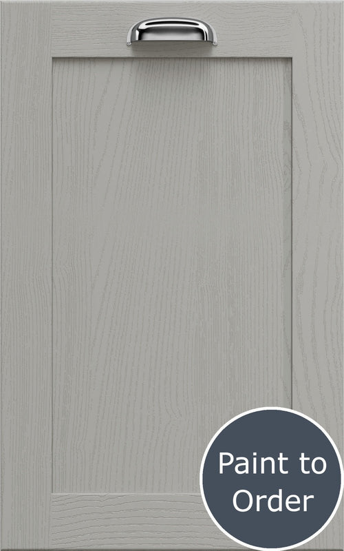 Newmarket Pebble Grey cabinet door with a silver handle and 'Paint to Order' label.