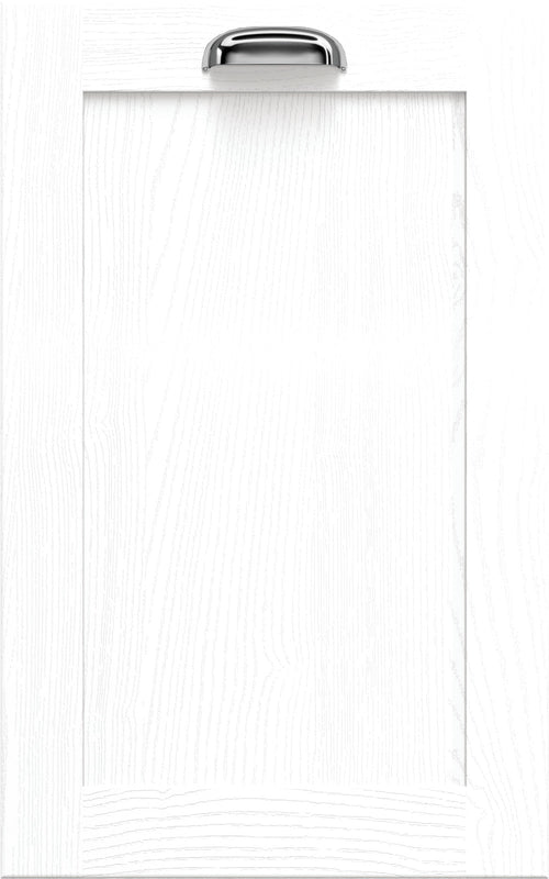 A white Newmarket sample door with a shaker style design, featuring a flat centre panel and a slim frame.