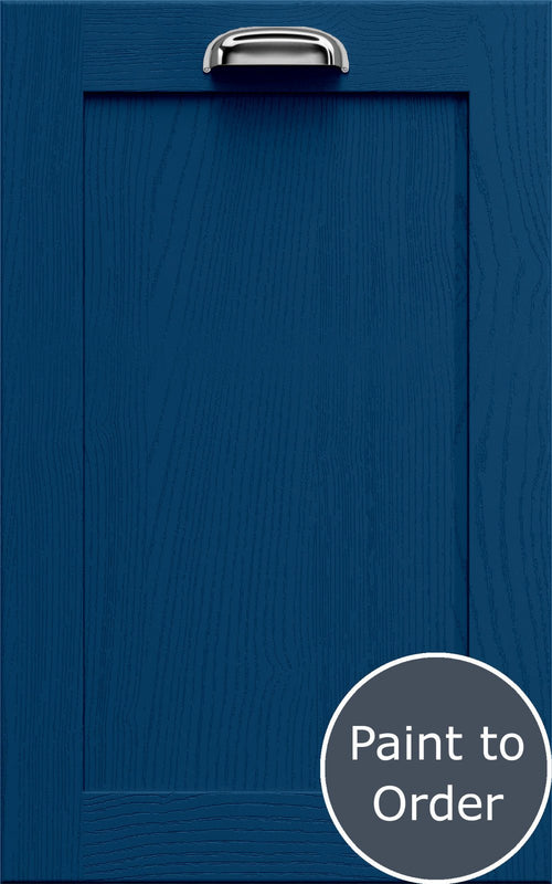 Newmarket Sapphire Blue cabinet door with a silver handle and 'Paint to Order' label.
