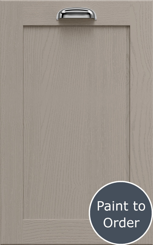 Newmarket Stone Grey cabinet door with a silver handle and 'Paint to Order' label.