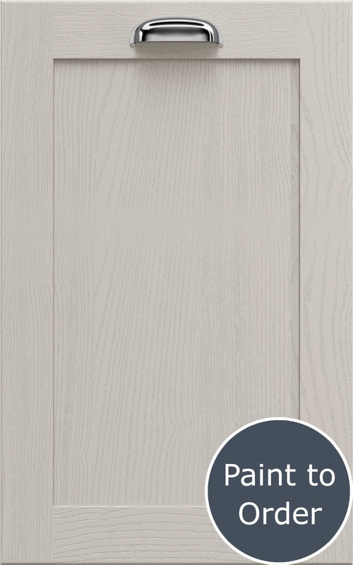Newmarket Taupe Grey cabinet door with a silver handle and 'Paint to Order' label.