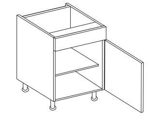Line drawing of a two-shelf cabinet with legs on a white background.