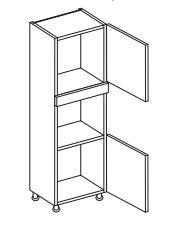Technical drawing of a white single oven housing unit with adjustable legs and two doors.