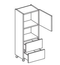 Technical drawing of a tall single oven with two drawers, featuring a main compartment and two smaller drawers.