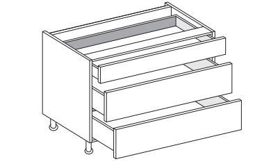 Line drawing of a kitchen cabinet with three drawers on a white background.