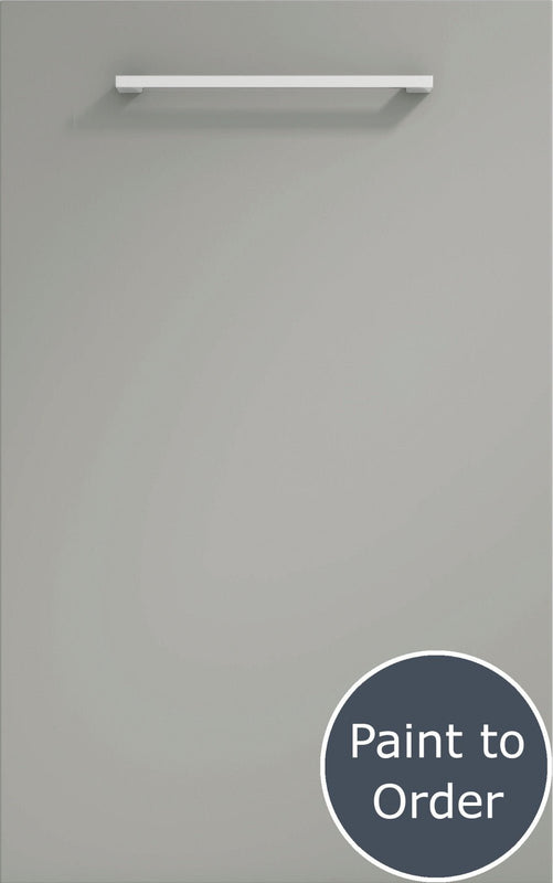Vivo matt pebble grey door with silver handle. Labelled 'Paint to order'.