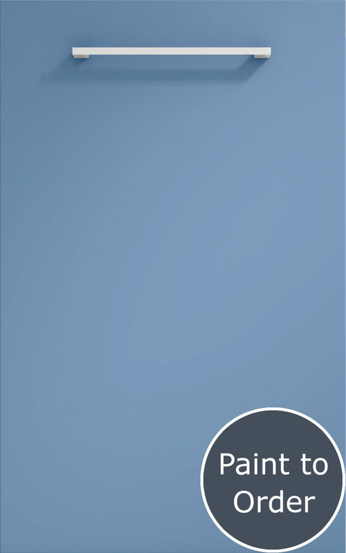 Vivo matt smoke blue door with silver handle. Labelled 'Paint to order'.