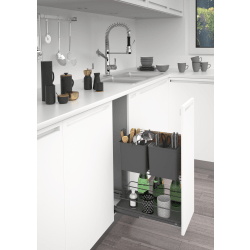 Modern kitchen with white cabinets, stainless steel appliances, and a sink.