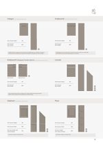 Bella product specifications for different door designs on a white background