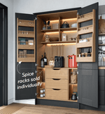 Modern kitchen pantry with open Cartmel Graphite doors displaying oak shelves, drawers and spice racks.
