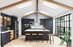 Modern kitchen with indigo cabinets, white countertops, and large windows.