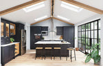 Modern shaker kitchen with indigo blue cabinets, white countertops, and large windows. Featues wooden plate and bottle racks in an oak finish.