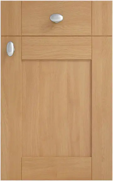 Cambridge Oak cabinet door with two silver handles.