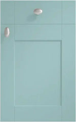 Close-up image of a Cambridge painted fjord door with drawer front. Both fronts have visible wood grain, and each has a silver knob.