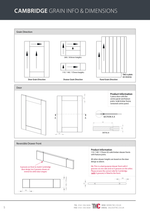 Technical drawing of a Cambridge door and drawer system with grain direction, dimensions, and product information.