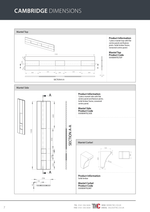 Technical drawings and product information for Cambridge Dimensions, including mantel top, side, and corbel products.