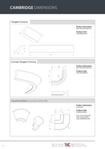 Technical drawings of Cambridge kitchen cornices with dimensions and product codes on a white background.