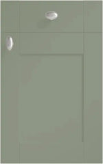 Cambridge Reed Green cabinet door with two silver handles.