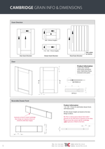 Technical drawing of a Cambridge door and drawer system with grain direction, dimensions, and product information.