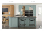 Modern kitchen with a central island, bar stools, and wooden cabinets.