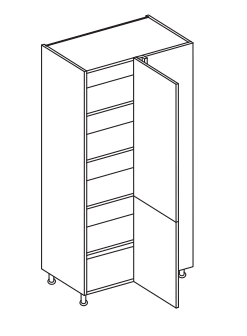Line drawing of a corner larder cabinet with open door.