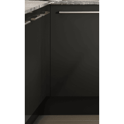 Black kitchen cabinet with a granite countertop