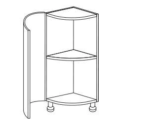 Line drawing of a curved base unit .ith open curved door and one shelf.